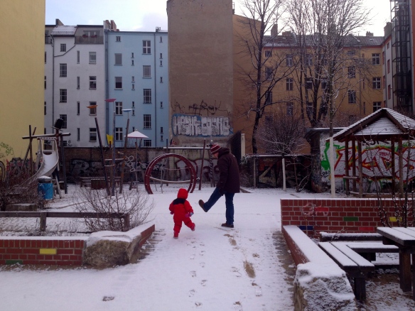 Stomping in new snow in one of Amaya's favourite playgrounds - right next door to the fluffy duck cafe.